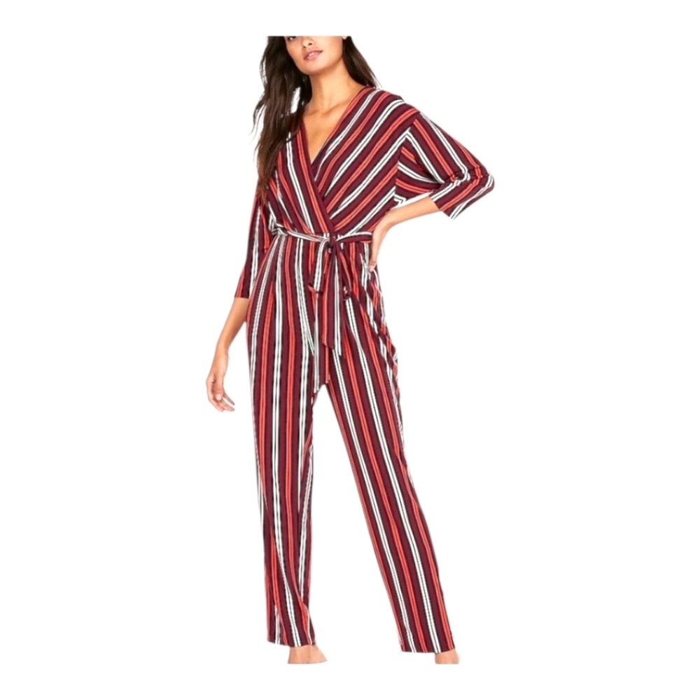 NWT Express Jumpsuit Womens 3/4 Sleeve Striped V-Neck Tie Waist XL